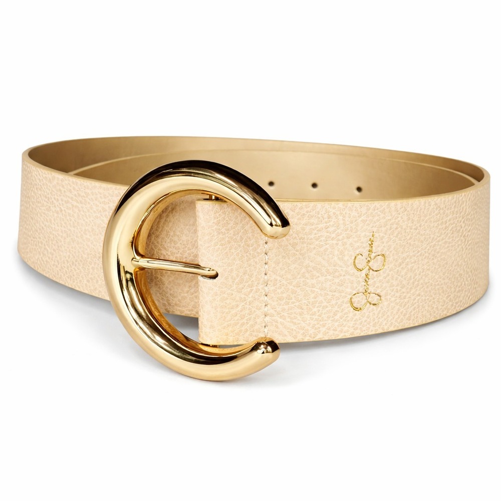 Jessica Simpson Beige Faux Leather Belt Womens S 4-6 Gold Circle Buckle NWT Tan‎